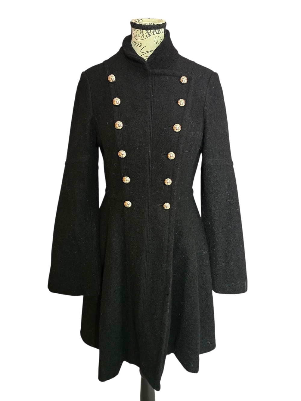 Vintage Guess Black Double-Breasted Wool Blend skirted Pea Coat M Whimsygoth